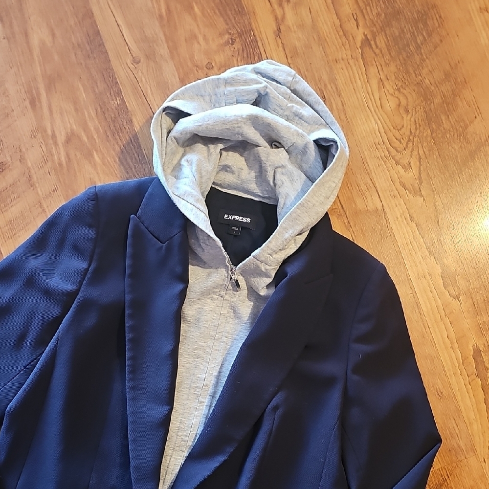 Express Navy Blazer with Light Gray Hoodie Layer - Picture 3 of 5